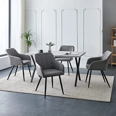 Image of CLIPOP Dining Chairs Set of 4 Grey Faux Leather Upholstered Kitchen with Arms Back and Metal Legs, Lounge Reception for Home Office Living Room