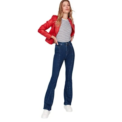 Image of Trendyol Women&#039;s High Waist Leg Flare Jeans, Navy Blue, 36