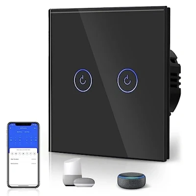 Image of BSEED Smart WiFi 2 Gang 1 Way Alexa Switchable Switches Black, Glass Panel Wall Light Switch, Voice/App Control Sharing Switches(Neutral Wire Required)