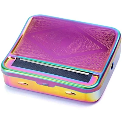 Image of Automatic Rolling Tin Cigarette Machine Baccy Portable Metal Box for Tobacco, Smoking Roller and Storage Case (RAINBOW)