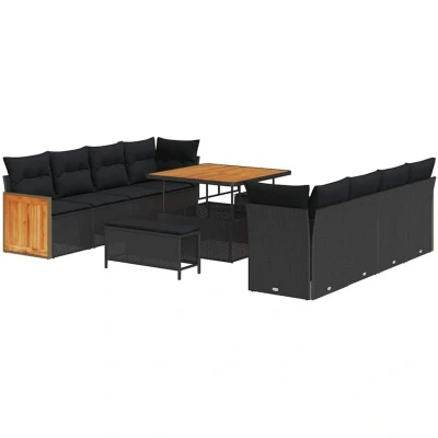 Image of vidaXL 11 Piece Garden Sofa Set with Cushions Black Poly Rattan Acacia