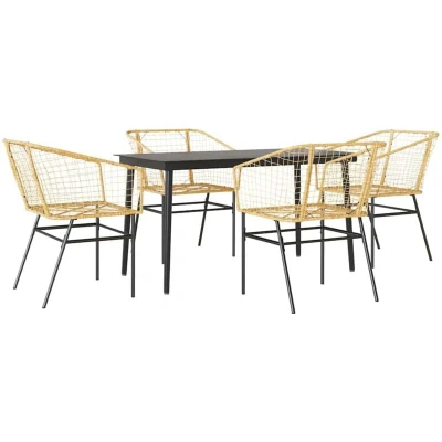 Image of vidaXL 5 Piece Garden Dining Set Brown Poly Rattan Glass