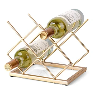 Image of Drincarier Countertop Wine Rack 5 Bottle Freestanding Modern Gold Metal Small Tabletop Holder Stand for Cabinet, Pantry, Storage…