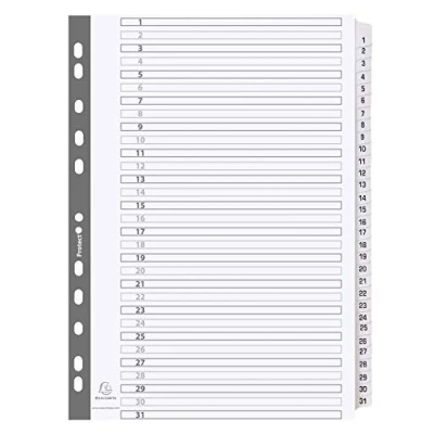 Image of Exacompta Ref MWD1 31Z Mylar Printed Indices For Use WithA4 Documents, Pre Punched, 160gsm White Card with Reinforced Plastic Tabs, FSC Certified 31 Part Dividers (1 31)