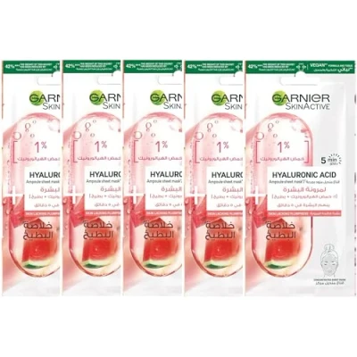 Image of 5 X Garnier Skin Active Hyaluronic Ampoule Replumping Vegan Face Sheet Mask 15g