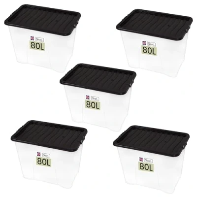 Image of Neat. Plastics 80L Storage Box, Clear Base, Black Lid Organise Easily with Plastic Box Lid, Ideal Boxes for Storage, Durable Lids Pack of 5