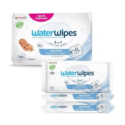 Image of WaterWipes Original Baby Wipes, 180 Count (3 Packs), 99.9% Water Based Unscented, For Sensitive Skin, Packaging May Vary