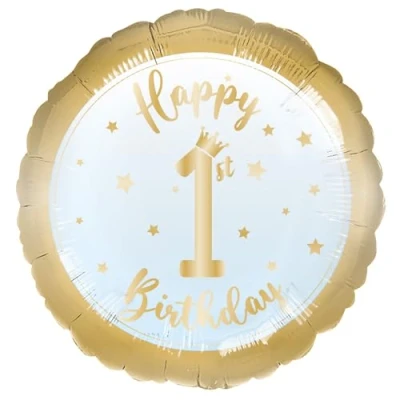 Image of Amscan 9917250 Happy 1st Birthday Blue &amp; Gold Boys Round Foil Balloon 18&quot;