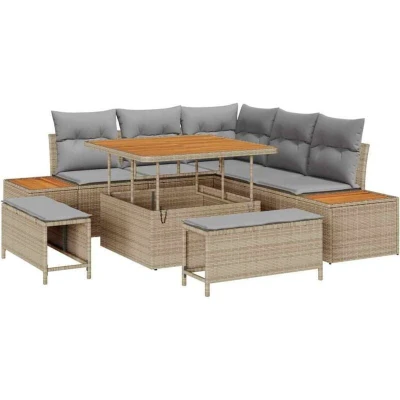 Image of vidaXL 8 Piece Garden Sofa Set with Cushions Beige Poly Rattan Acacia