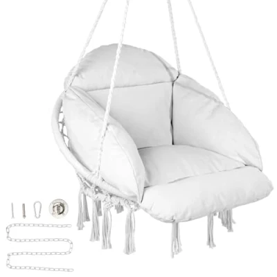Image of VEVOR Hanging Hammock Swing Chair, Macramé Chair with Cushion and Mounting Hardware, Cotton Rope for Bedroom, Balcony, Patio, Garden, 264 lbs Capacity, White