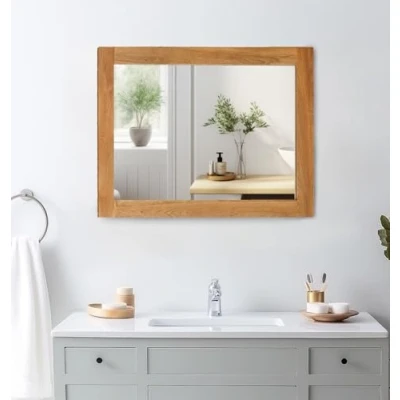 Image of Hallowood Furniture Waverly Small Wall Mirror in Light Oak, Solid Oak Framed Mirror, Rectangle Hanging for Bedroom, Living Room and Hallway (68 x 58cm)