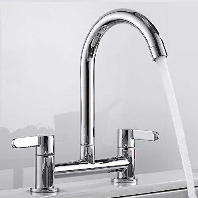Image of Kitchen Sink Mixer Taps, 2 Hole Faucet 360 Swivel Spout Dual Lever Taps 1/4 Turn Easy Use Cold and Hot Tap Deck Mounted with UK Standard Fittings (Chrome)