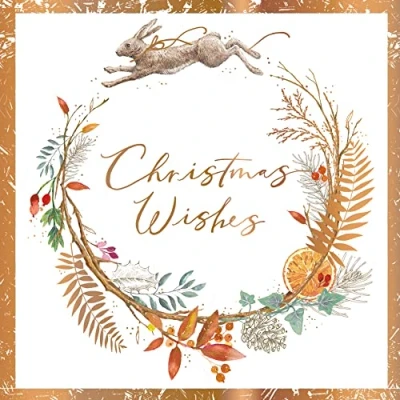 Image of Ling Design Box of 10 Winter Wreath &amp; Hare Gold Foiled Christmas Cards Xmas Card Packs X14310H