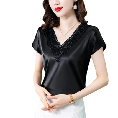 Image of KMMBBTY V Neck Short Sleeve Silk T Shirts for Women Satin Lace Patchwork Loose Casual Work Shirt Black XL