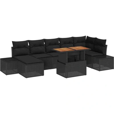 Image of vidaXL 8 Piece Garden Dining Set with Cushions Black Poly Rattan Acacia