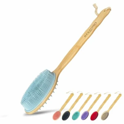 Image of Rexzono Silicone Back Scrubber for Shower (for Sensitive Skin), Exfoliating Body Scrubber, Bath Brush Long Handle, Loofah, Shower, (Blue)