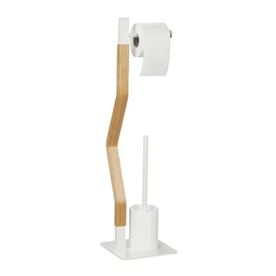 Image of Relaxdays WC Set, Standing Toilet Paper, Brush with Holder, Bathroom Accessory, 76 x 20 cm, White/Natural, Fibreboard