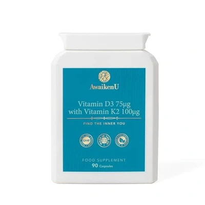 Image of Vitamin D3 3000iu &amp;Vitamin K2 100ug MK7 90 Easy Swallow Capsules Well Being and Immune Support Good for Bones, Teeth Muscles Manufactured in The UK Suitable Vegetarians.