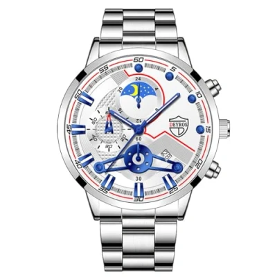 Image of JewelryWe Mens Analog Quartz Watches: Business Waterproof Luminous Date Calendar Dial Alloy Luxury Multifunctional Wrist Watch