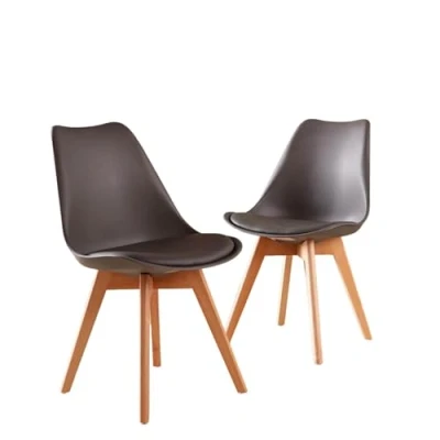 Image of Home Source Pair of 2 Dining Chairs, Plastic Tulip Kitchen Diner Set, Padded Faux Leather Seat, Solid Wood Legs, Grey