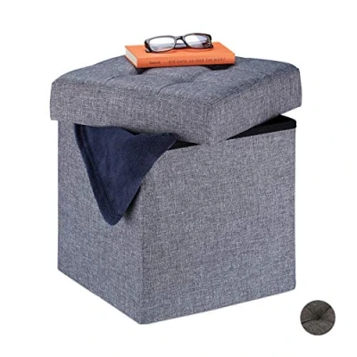 Image of Relaxdays Storage Ottoman, Foldable, Soft Padding, Quilted, Fabric, Cube Seat, HWD 41 x 38 cm, Grey