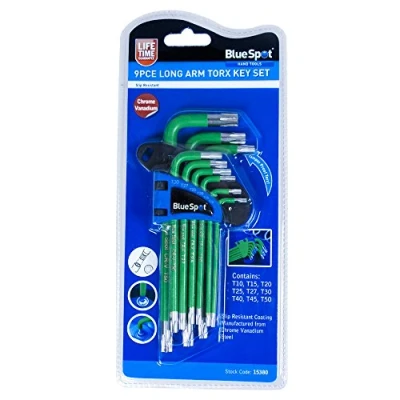 Image of Blue Spot 15380 Long Arm Chrome Vanadium Tamper Proof Torx Key Set, Green, Set of 9 Piece