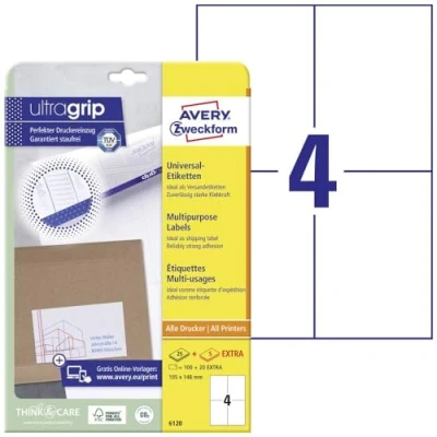 Image of Avery 6120 labels (A4, 100 Plus 20 Universal in addition, 105 x 148 mm), 30 sheets, white