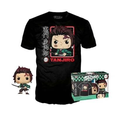 Image of Funko Pop! &amp; Tee: Demon Slayer Tanjiro (BL) M Medium T Shirt Clothes With Collectable Vinyl Figure Gift Idea Toys and Short Sleeve Top for Adults Unisex Men Women Anime Fans