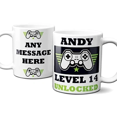 Image of Thoughtful Gifts 14th Mug for Gamer Level 14 Personalised Cup Birthday Photo Gift Teenage Boys Fast Delivery Add Name Message