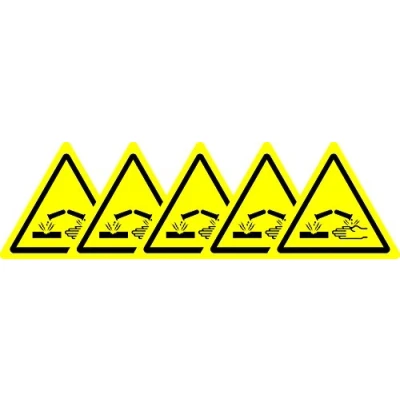 Image of ISO Safety Label Sign International Warning Corrosive substance Symbol Self adhesive sticker 50mm Diameter (PACK OF 5 STICKERS)
