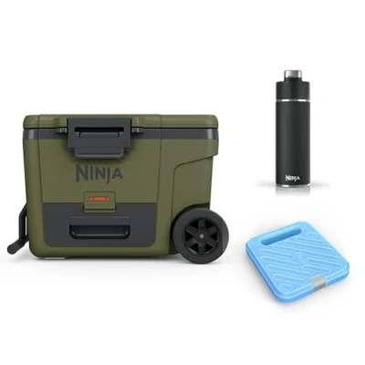 Image of Ninja FrostVault Heavy Duty Insulated Cool Box with Thirsti Bottle 530ml &amp; Large Ice Pack, Wheeled Premium Cooler Dry Zone Integrated Fridge Temp Storage Drawer, Olive, FB245AMZEUUKGN