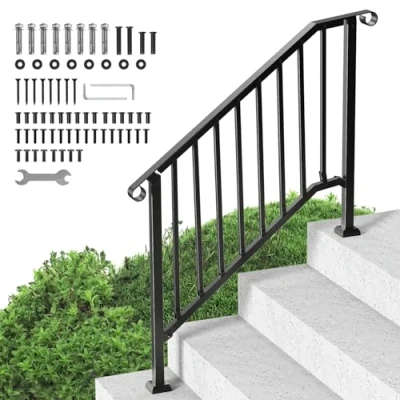 Image of VEVOR Handrails for Outdoor Steps, 3 4 Step Stair Hand Rail Kit, Transitional Carbon Steel Railings with Installation Rails Seniors, Concrete Steps &amp; Porch Deck, Black Retro Arch