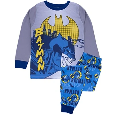 Image of DC Comics Batman Boys Pyjama Set Kids Blue &amp; Grey Loungewear T Shirt Pants PJ Bundle Superhero Long Sleeve Tee Leg Bottoms Clothing Pajama Cosy Nightwear Merchandise Gift for Children