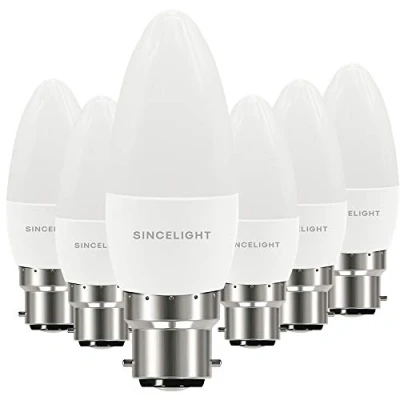 Image of B22 LED Candle Light Bulb, B35 Shape with Milky Diffuser, 5 Watt, Warm White 2700K &amp; RA≈92 High Color Rending, 450 Lumens≈50W Equivalent, Non Dimmable, ES Edison Screw, Pack of 6