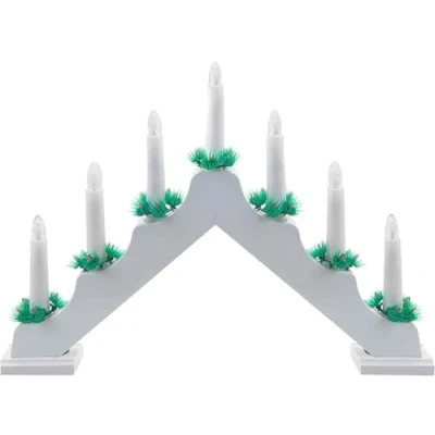 Image of VFM White Wooden Candle Bridge 7 LED Battery Powered Traditional Christmas Decoration Light for Window Sill Or Mantlepiece with Festive Foliage Trimming