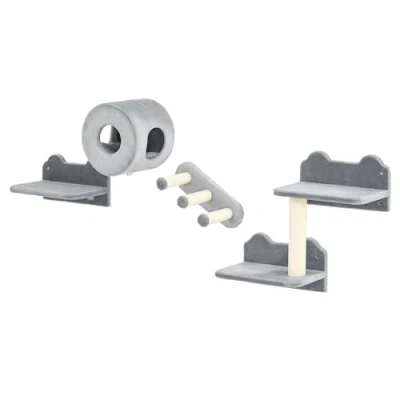 Image of PawHut Four piece Wall Mounted Cat Tree, Furniture with Platforms, Steps, Scratching Post, Perch, House for Indoor Cats Grey