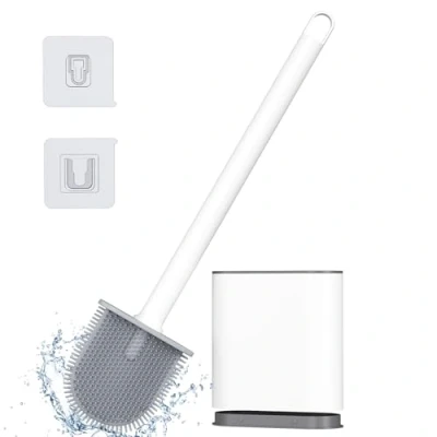 Image of Alyvisun Silicone Toilet Brush with Holder, [Quick Drying &amp; Deep Cleaning] Bathroom Scrubber, Non Scratch, White, One Size