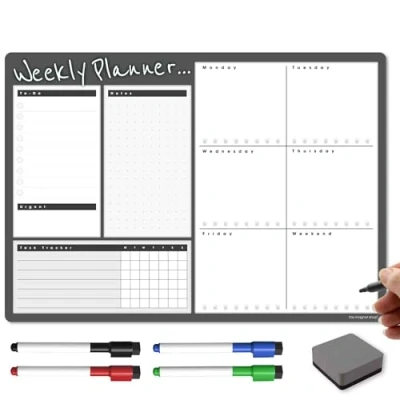 Image of TMS A3 Weekly Planner Whiteboard Magnetic Calendar for Fridge and Dry Wipe Pens Meal or Family Kitchen (Charcoal, WP3)