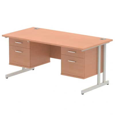 Image of Impulse 1600x800 Desk Beech Silver Cantilever Leg + 2x Fixed Pedestal