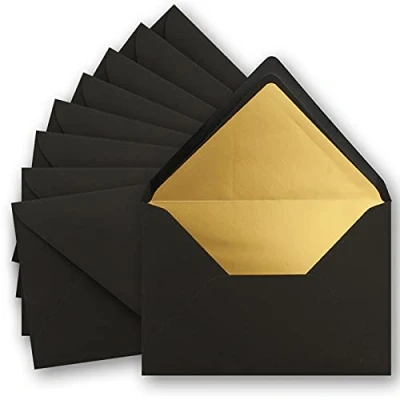 Image of 25 x metallic gold lined envelopes DIN C5 black, 156 220 mm, wet seal with pointed flap FarbenFroh by Gustav Neuser.