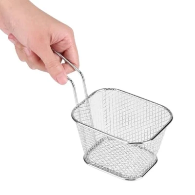 Image of Mini Chip Serving Frying Baskets, Stainless Steel Baskets Food Presentation Basket Strainer Square Fryer for Chips Shrimps Onion Rings Vegetable, 4.1x3.4x2.6inch