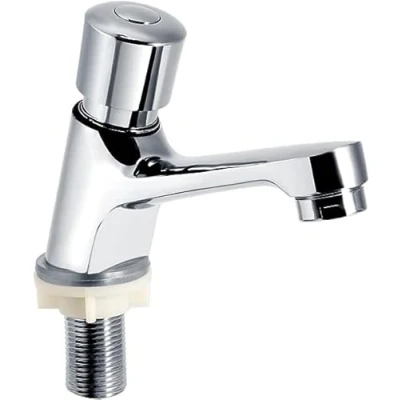 Image of Kitchen Bathroom Sink Faucet, Push on Chrome Plated Self Closing Water Saving Time Delay Basin Tap