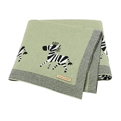 Image of DovFanny Baby Blanket 100% Cotton Knitted Soft for Newbron with Lovely Zebra, 100 x 80cm Green