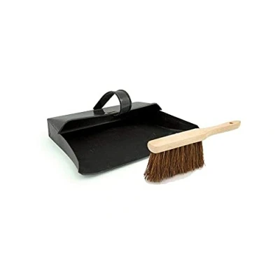 Image of Srendi® Large Strong Metal Dustpan and Brush Set Soft or Stiff Black Dust Ash Pan Coco Fibre Hand Heavy Duty Solid FSC Wood, Sweeping Scrubbing Wooden Brushes (Dustpan with Hard Brush)