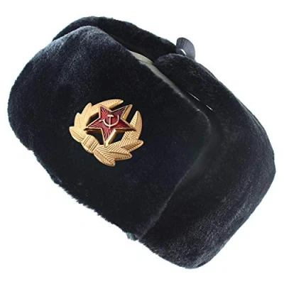 Image of Winter Bomber Hat Badge Russia Ushanka Men Hats Pilot Earflap Trapper Trooper Russian National Emblem Snow Black_Soviet_Badge