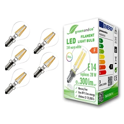 Image of greenandco® CRI 90+ E14 G45 Globe LED Filament Bulb Clear 3W Replaces 28W 300lm 2700K Warm White 360 230V, no Flicker, not dimmable, 5 Pack