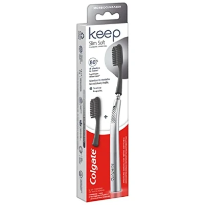 Image of Colgate Keep Slim Soft Charcoal Bristles Starter Pack Replaceable 2X Brush Head Reusable Metal Handle