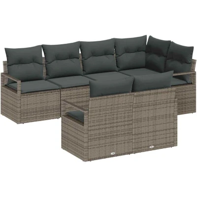 Image of vidaXL 7 Piece Garden Sofa Set with Cushions Grey Poly Rattan