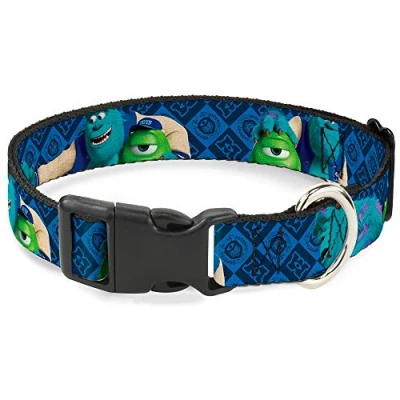 Image of Buckle Down Plastic Clip Collar Monsters University Sulley &amp; Mike Poses/Checkers Blue 1.5&quot; Wide Fits 18 32&quot; Neck Large