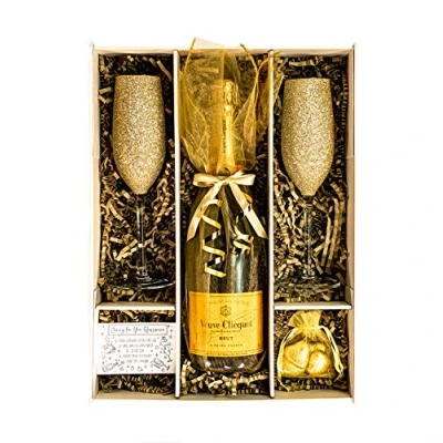 Image of Gold Veuve Clicqout 75cl Gift Set with matching Sparkling Champagne Flutes &amp; Chocolates Boxed